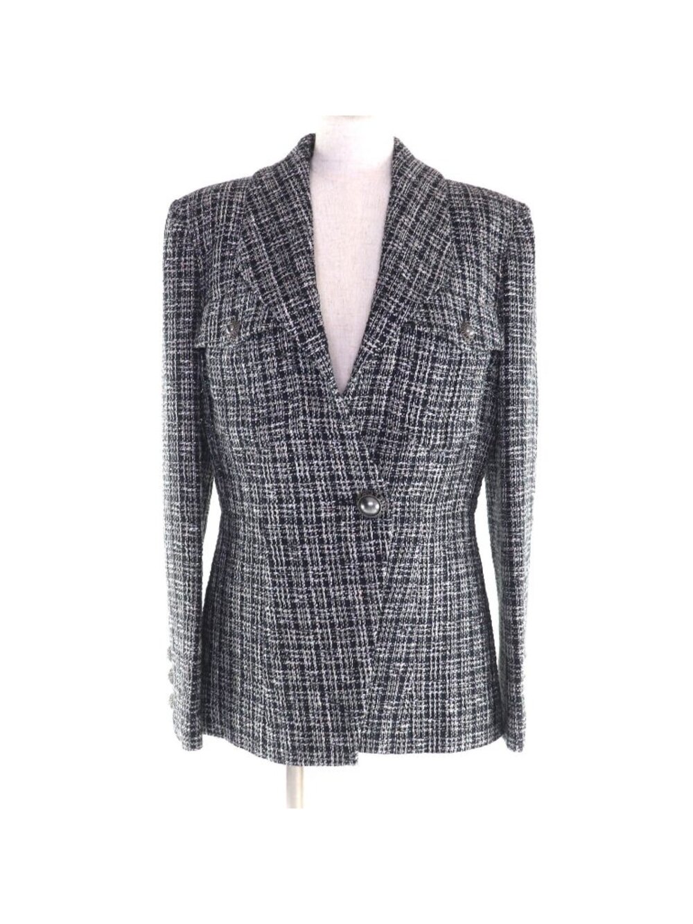 Chanel Lining Silk 100% Logo Buttoned Glitter Tweed Single Jacket Black Silver